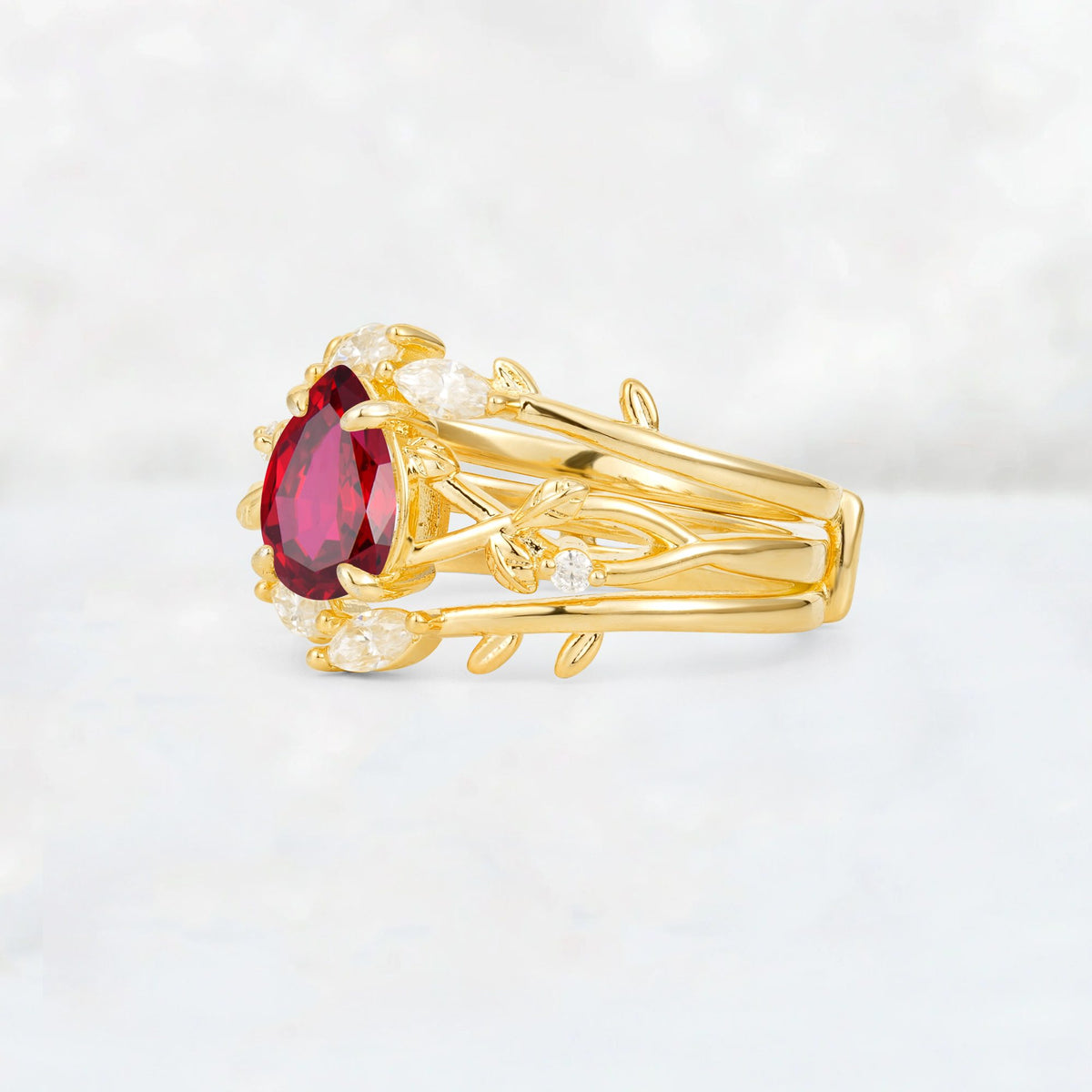 Pear Cut Ruby Leaf Vine Bridal Ring Set - Rose-Gold