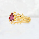 Pear Cut Ruby Leaf Vine Bridal Ring Set - Rose-Gold