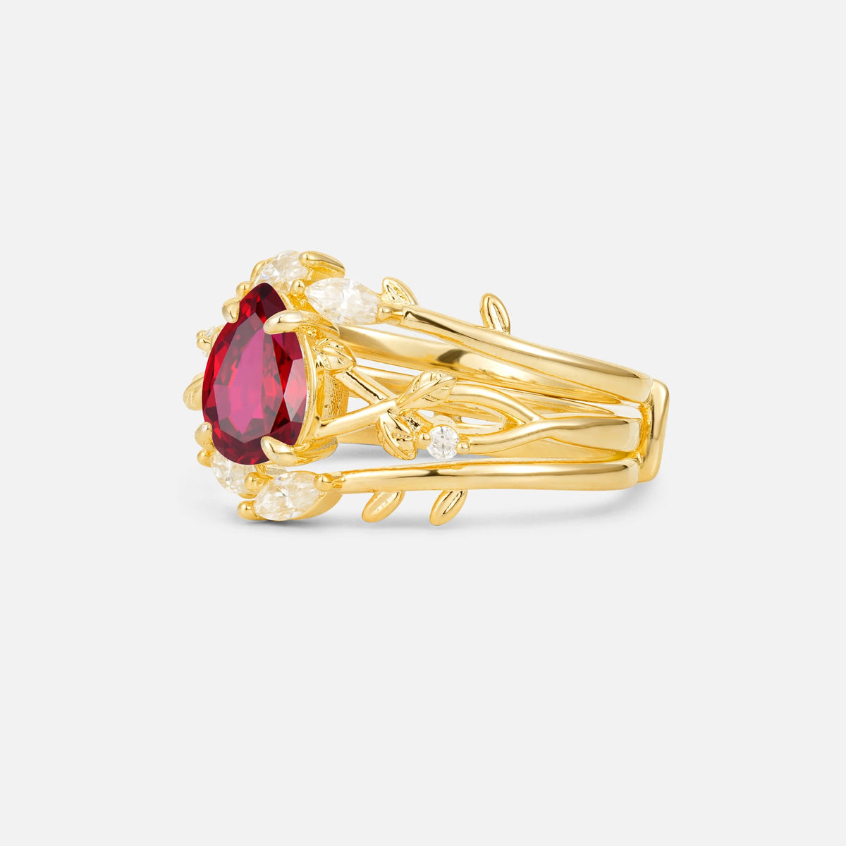 Pear Cut Ruby Leaf Vine Bridal Ring Set - Rose-Gold
