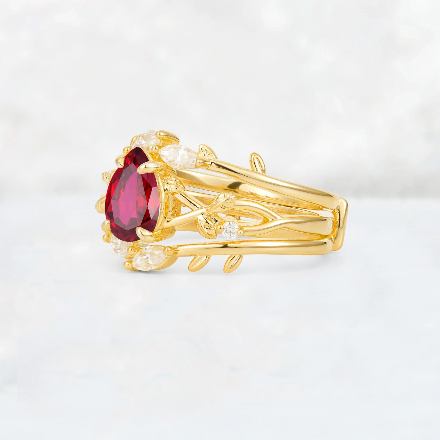 Pear Cut Ruby Leaf Vine Bridal Ring Set - Rose-Gold