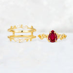 Pear Cut Ruby Leaf Vine Bridal Ring Set - White-Gold