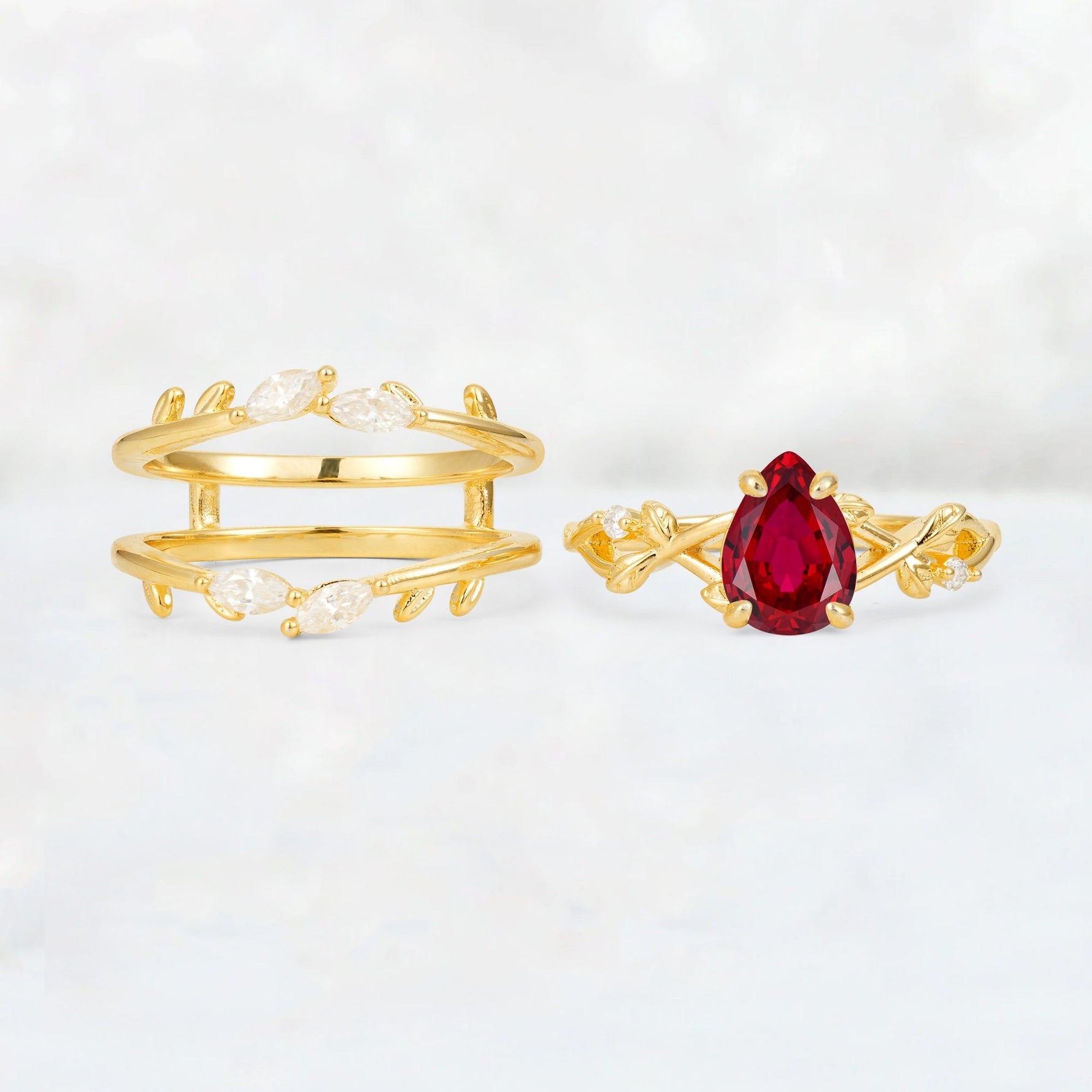 Pear Cut Ruby Leaf Vine Bridal Ring Set - White-Gold