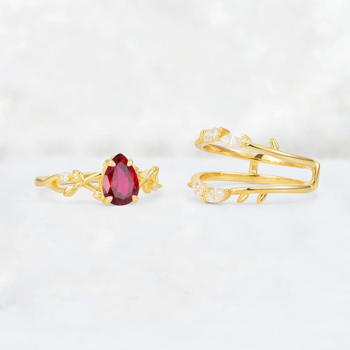 Pear Cut Ruby Leaf Vine Bridal Ring Set - Additional view