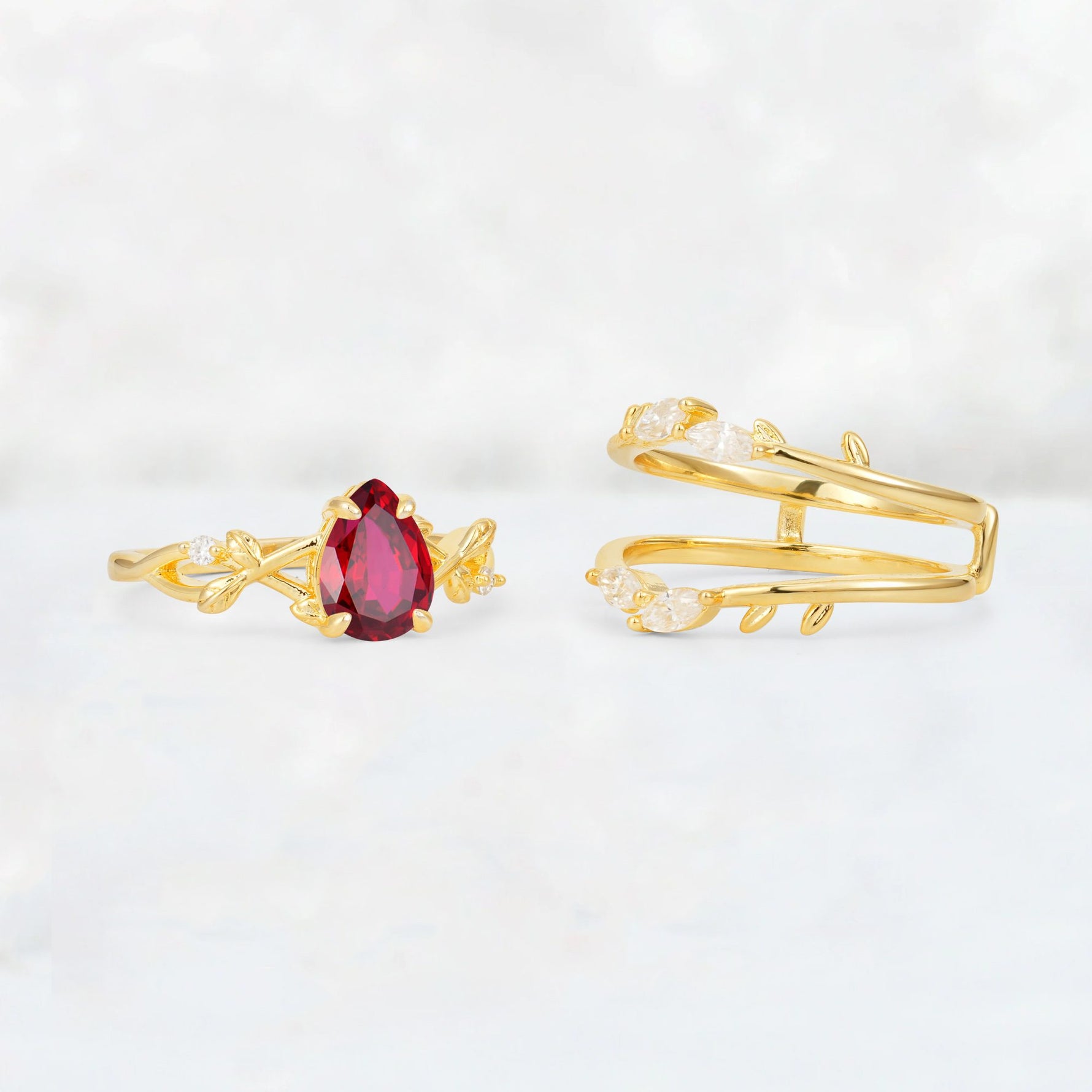 Pear Cut Ruby Leaf Vine Bridal Ring Set - Additional view