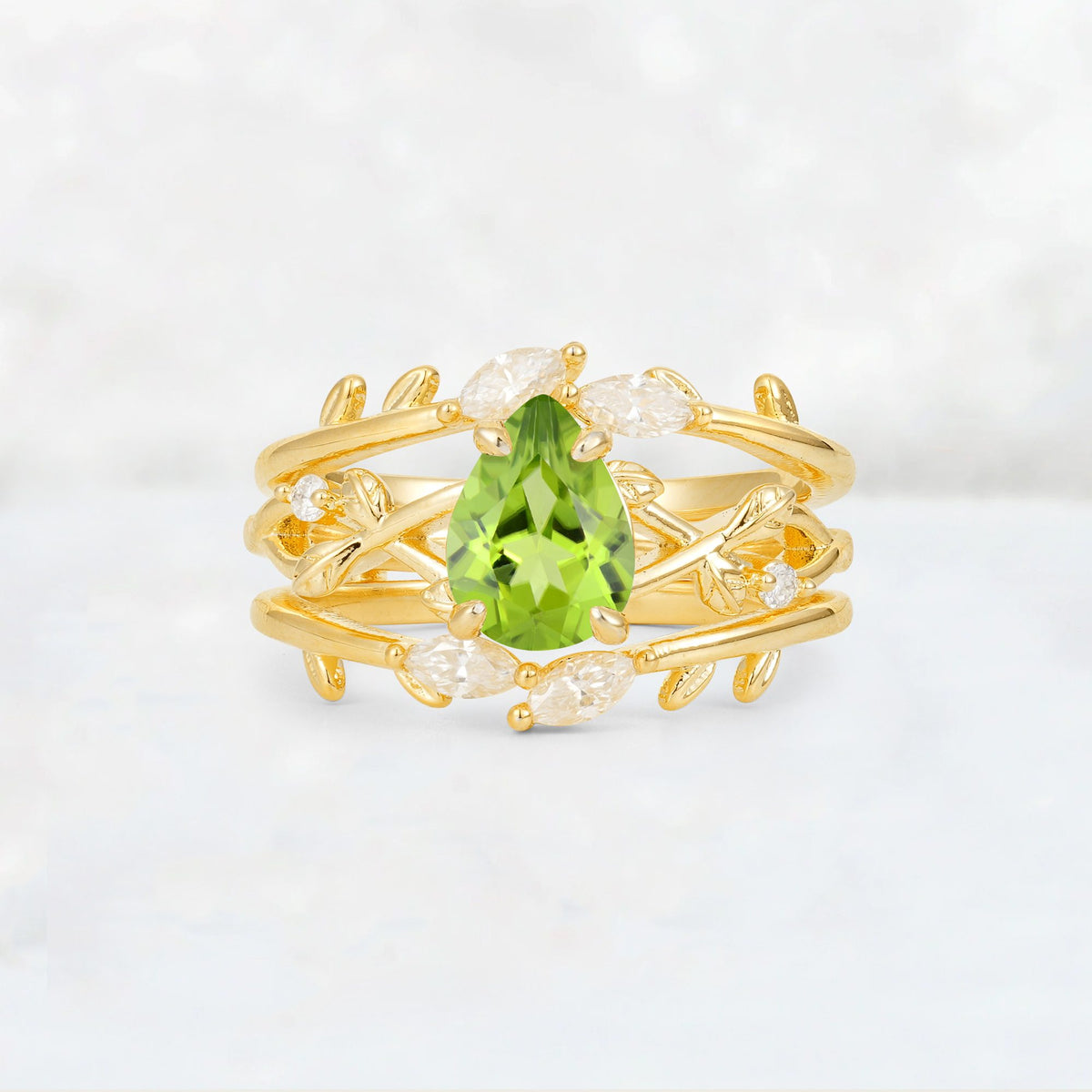 Pear Cut Peridot Leaf Vine Bridal Ring Set - Yellow-Gold