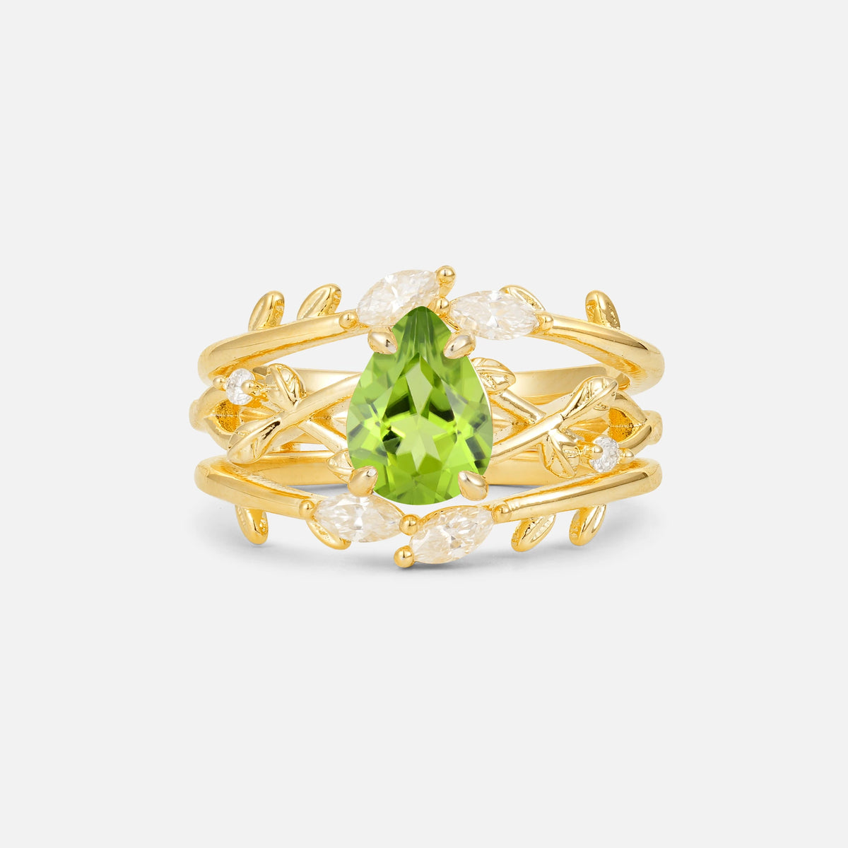 Pear Cut Peridot Leaf Vine Bridal Ring Set - Yellow-Gold