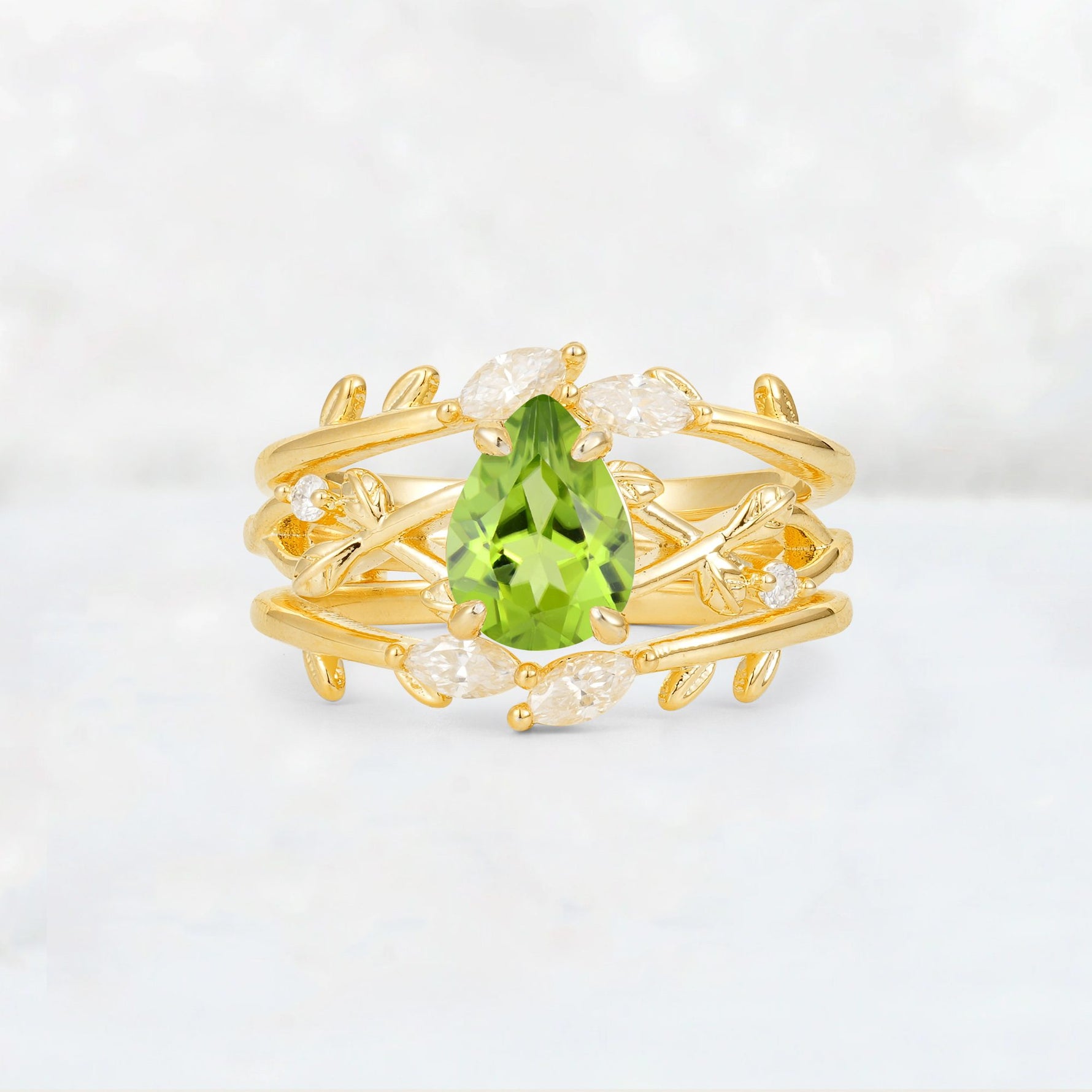 Pear Cut Peridot Leaf Vine Bridal Ring Set - Yellow-Gold