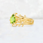 Pear Cut Peridot Leaf Vine Bridal Ring Set - Rose-Gold