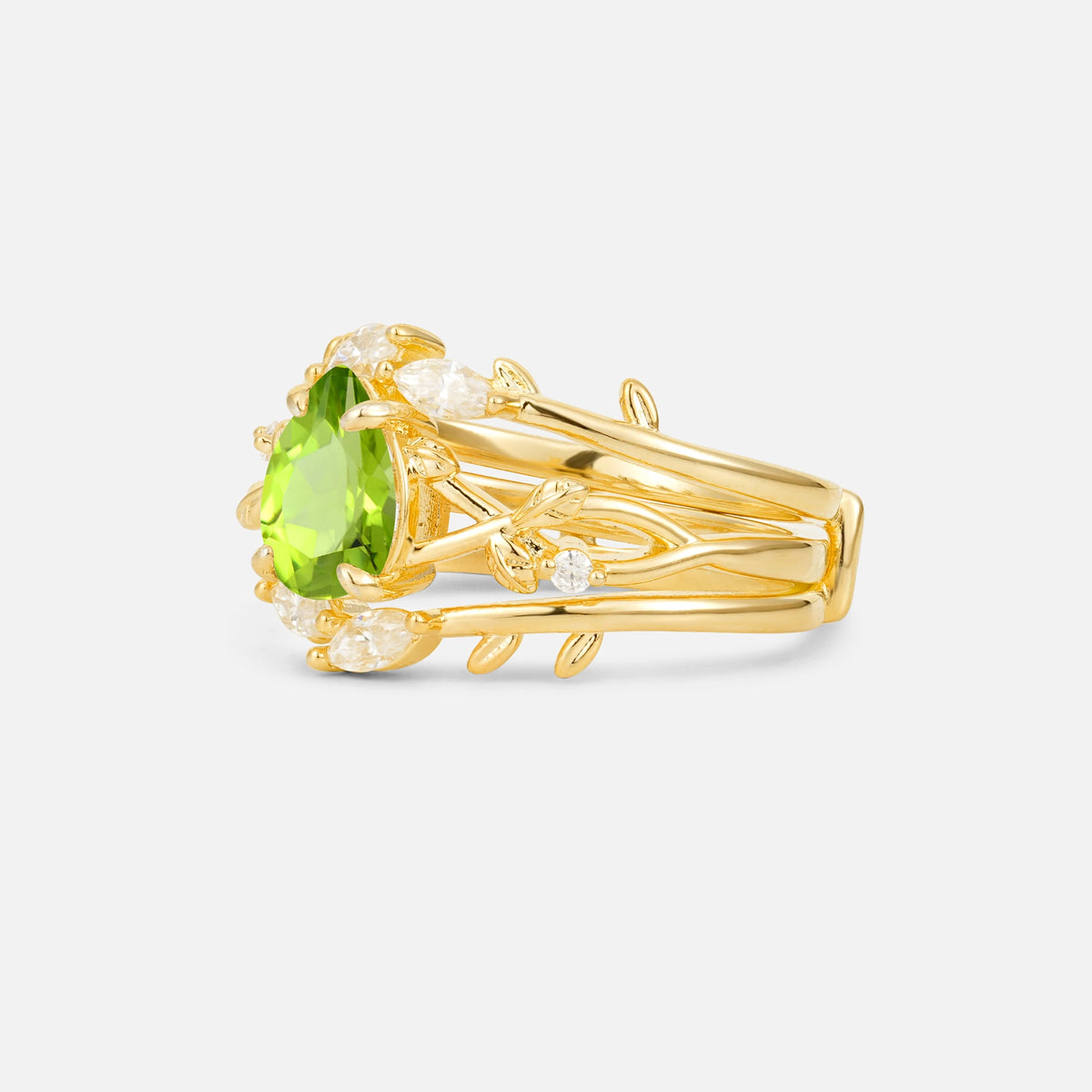 Pear Cut Peridot Leaf Vine Bridal Ring Set - Rose-Gold