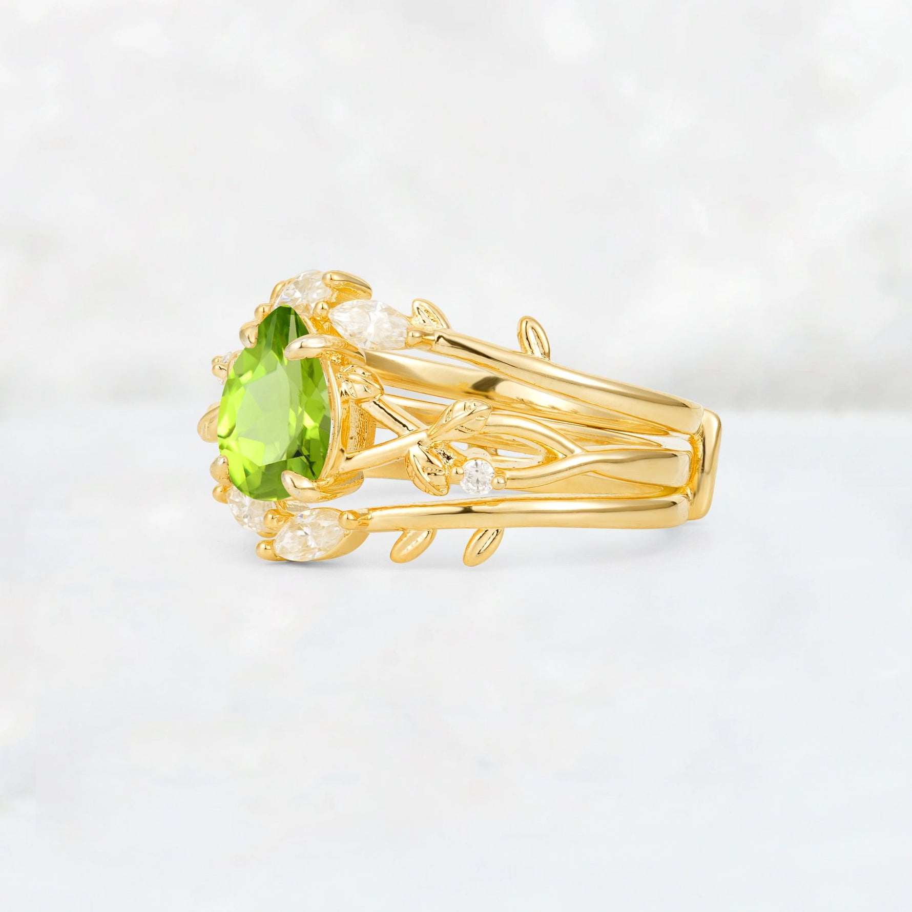 Pear Cut Peridot Leaf Vine Bridal Ring Set - Rose-Gold