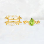 Pear Cut Peridot Leaf Vine Bridal Ring Set - White-Gold