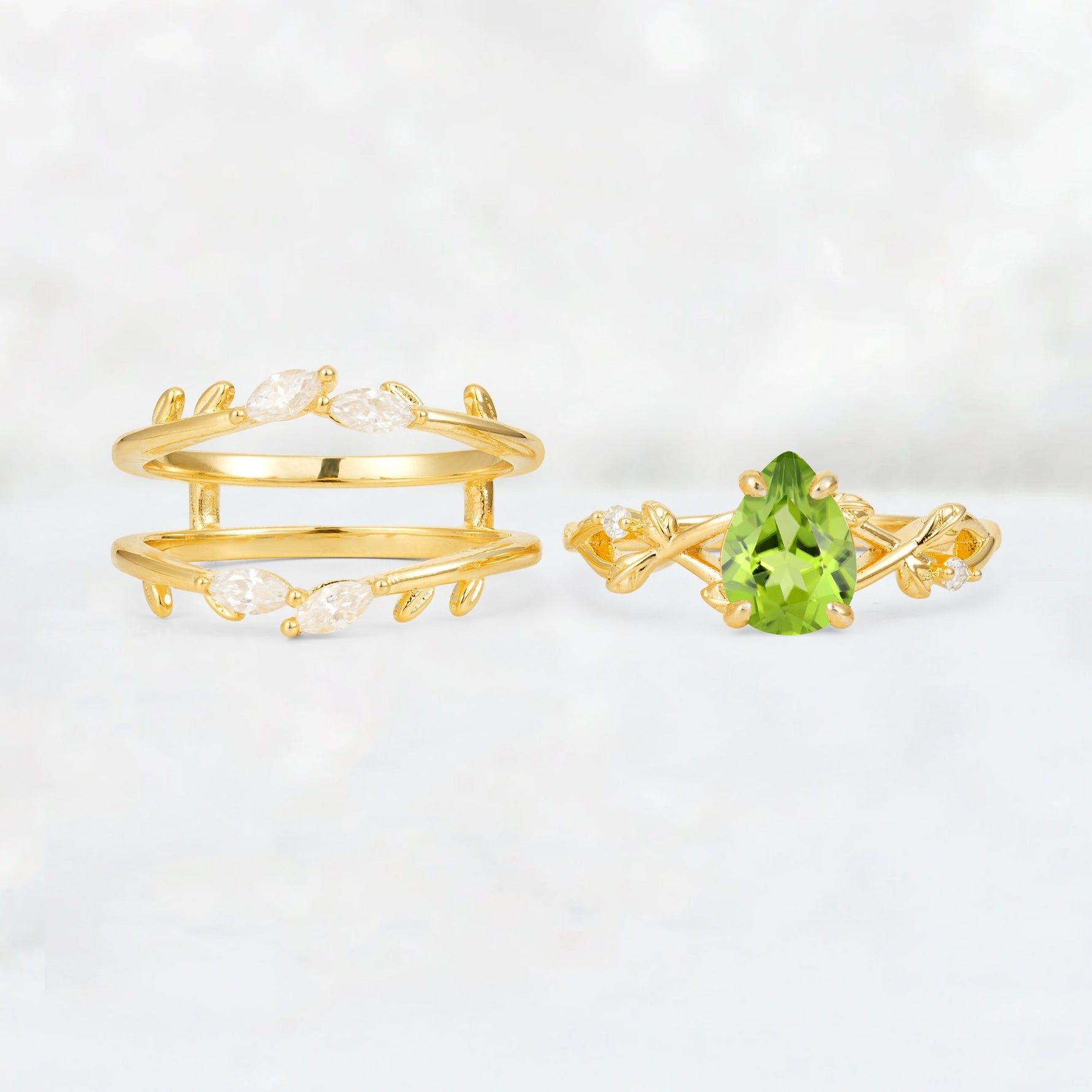 Pear Cut Peridot Leaf Vine Bridal Ring Set - White-Gold