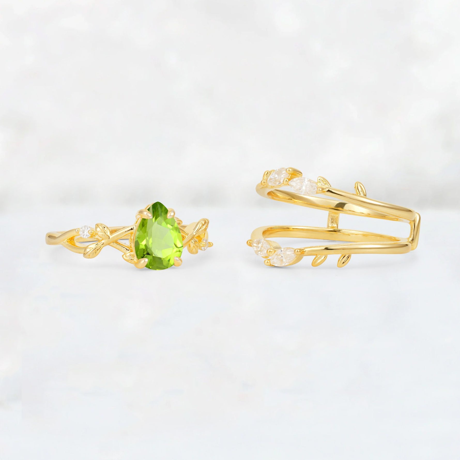 Pear Cut Peridot Leaf Vine Bridal Ring Set - Additional view