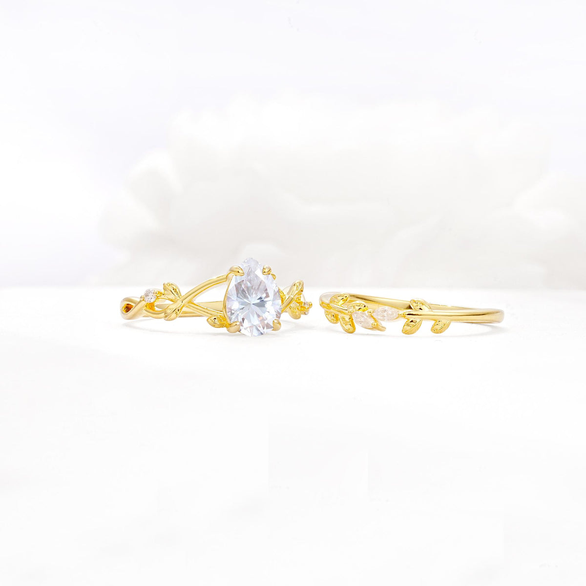 Botanical Twisted Vine Pear Cut Moissanite Bridal Ring Set - White-Gold
