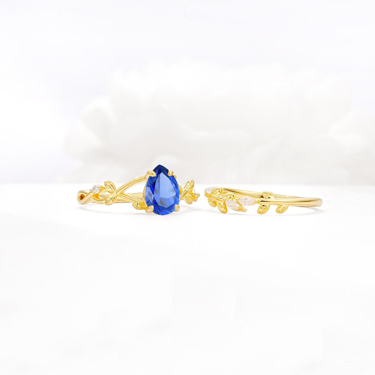 Botanical Twisted Vine Pear Cut Sapphire Bridal Ring Set - White-Gold