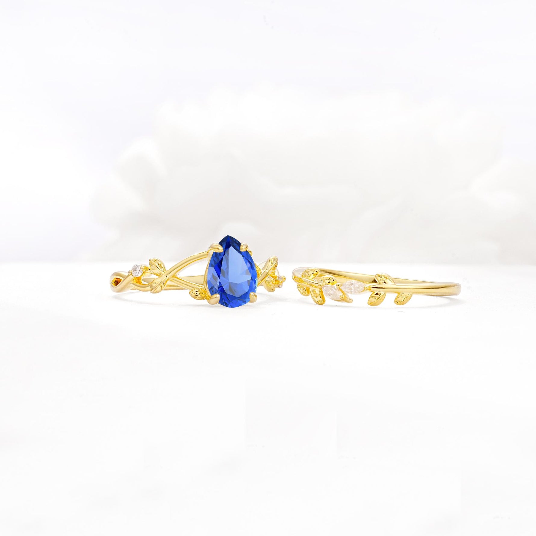 Botanical Twisted Vine Pear Cut Sapphire Bridal Ring Set - White-Gold