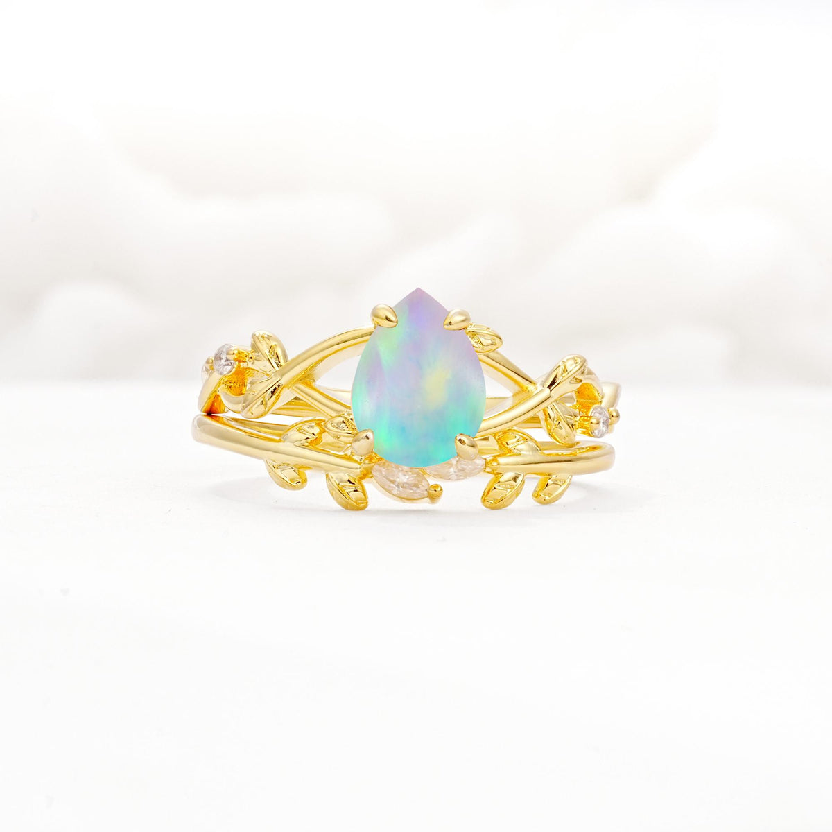 Botanical Twisted Vine Pear Cut Fire Opal Bridal Ring Set - Yellow-Gold