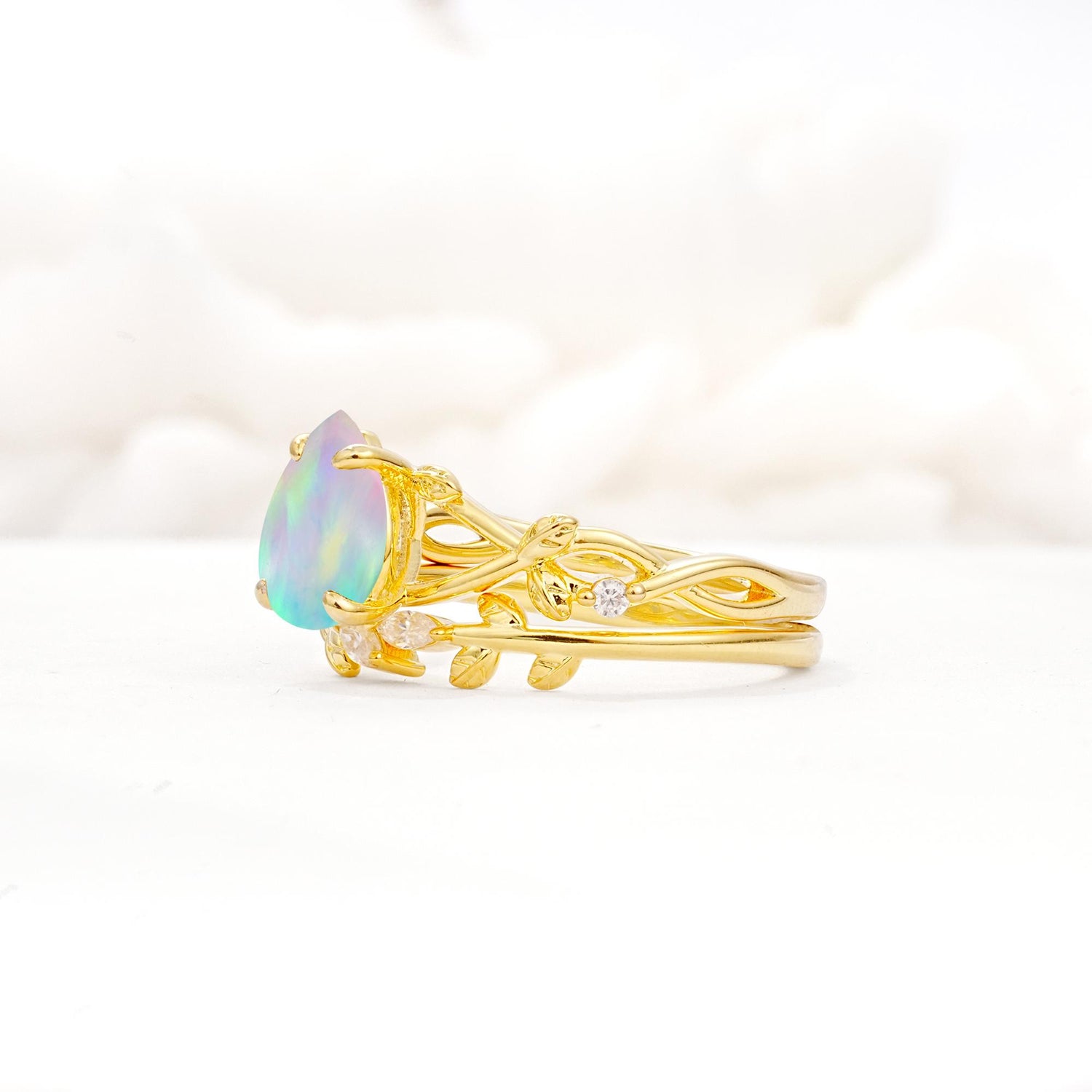 Botanical Twisted Vine Pear Cut Fire Opal Bridal Ring Set - Rose-Gold