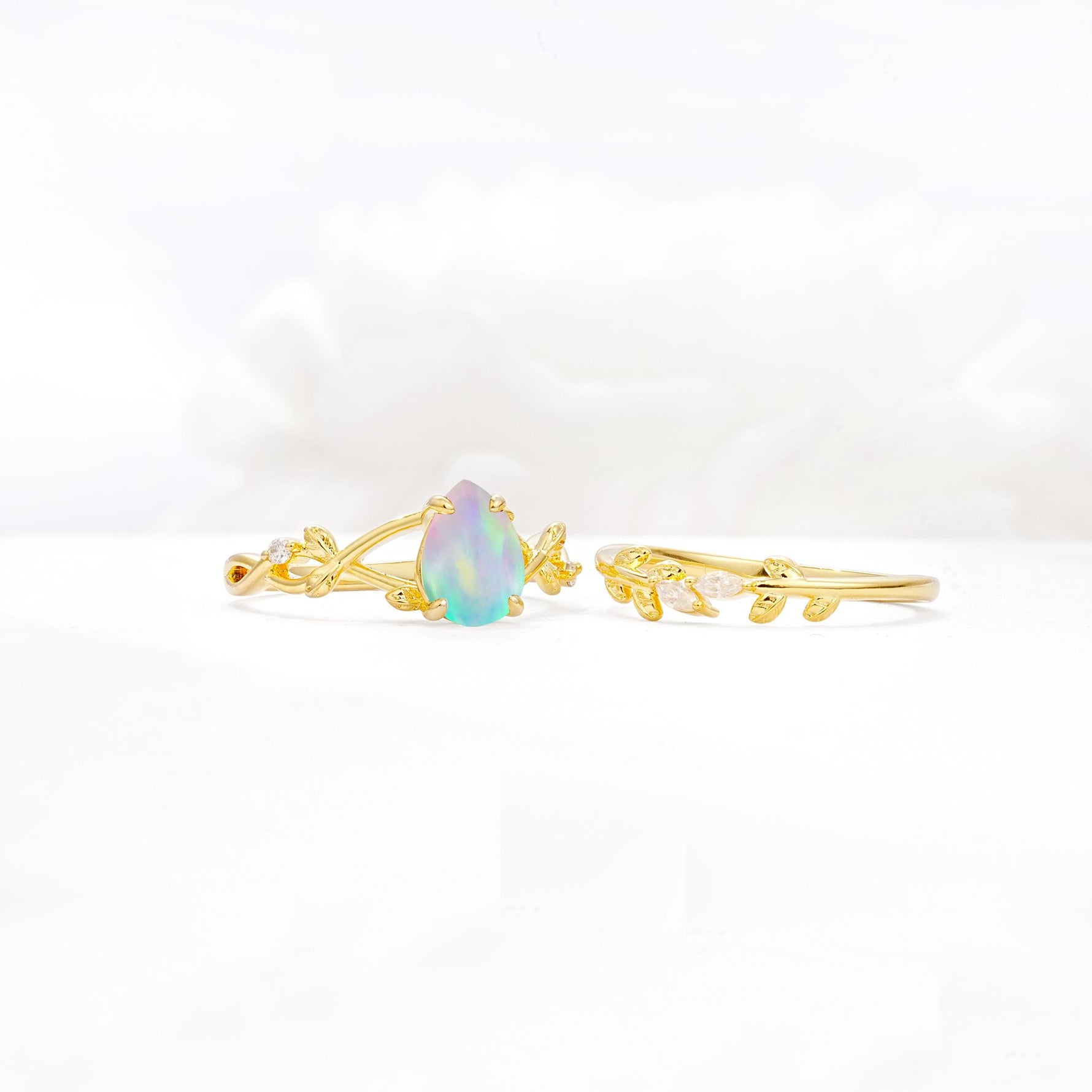 Botanical Twisted Vine Pear Cut Fire Opal Bridal Ring Set - White-Gold