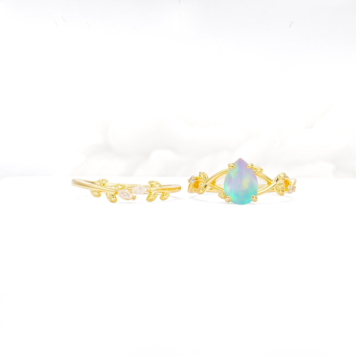 Botanical Twisted Vine Pear Cut Fire Opal Bridal Ring Set - Additional view