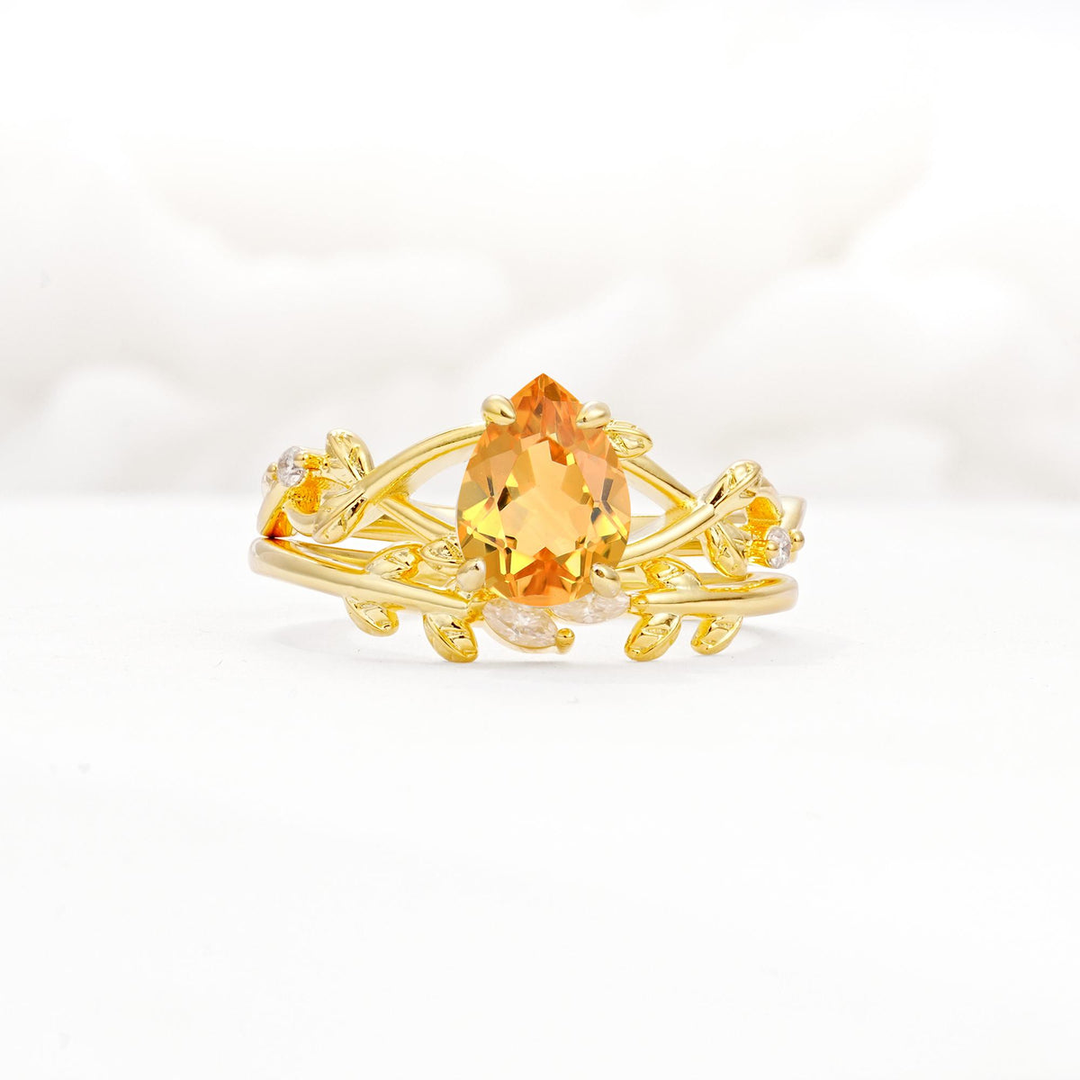 Botanical Twisted Vine Pear Cut Citrine Bridal Ring Set - Yellow-Gold