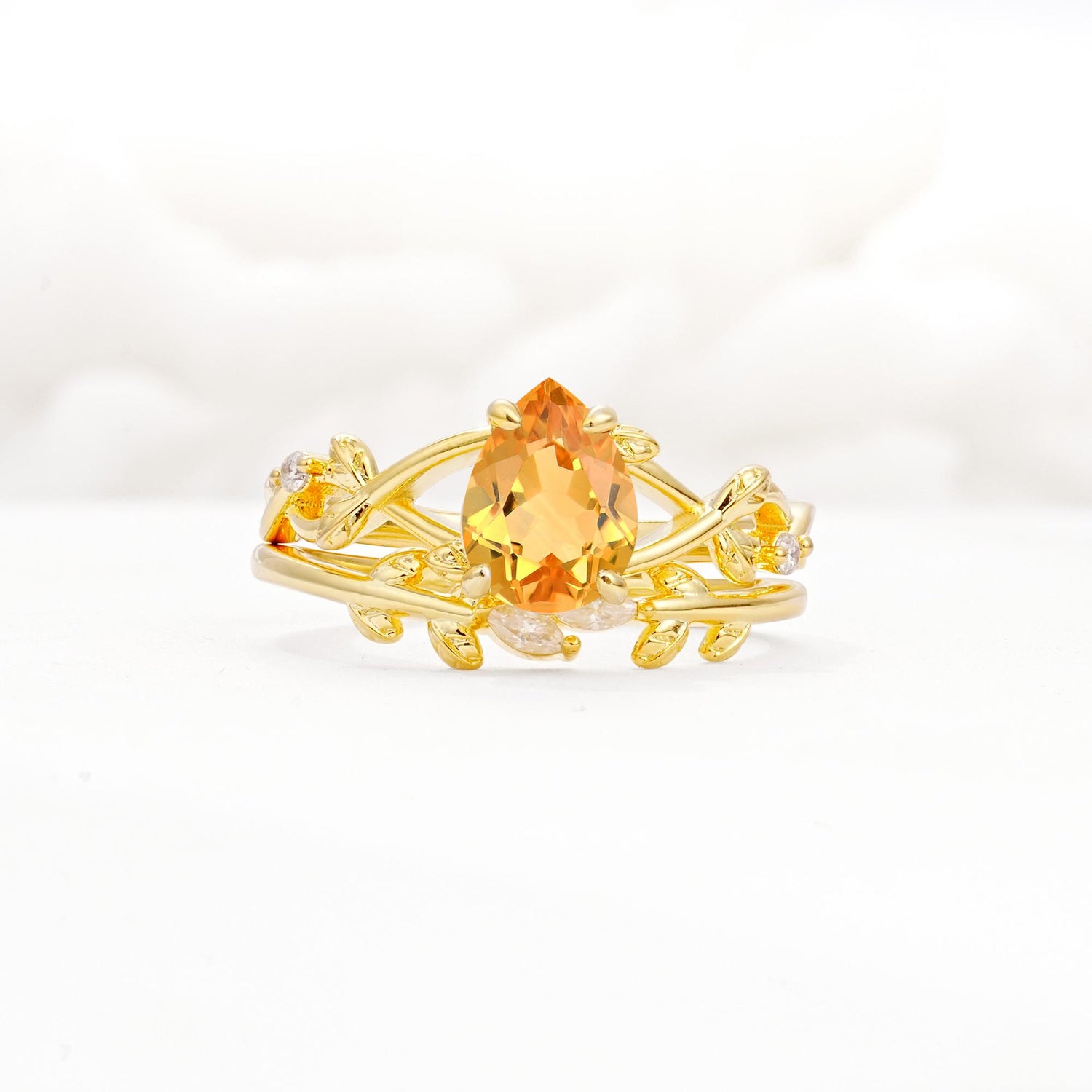 Botanical Twisted Vine Pear Cut Citrine Bridal Ring Set - Yellow-Gold