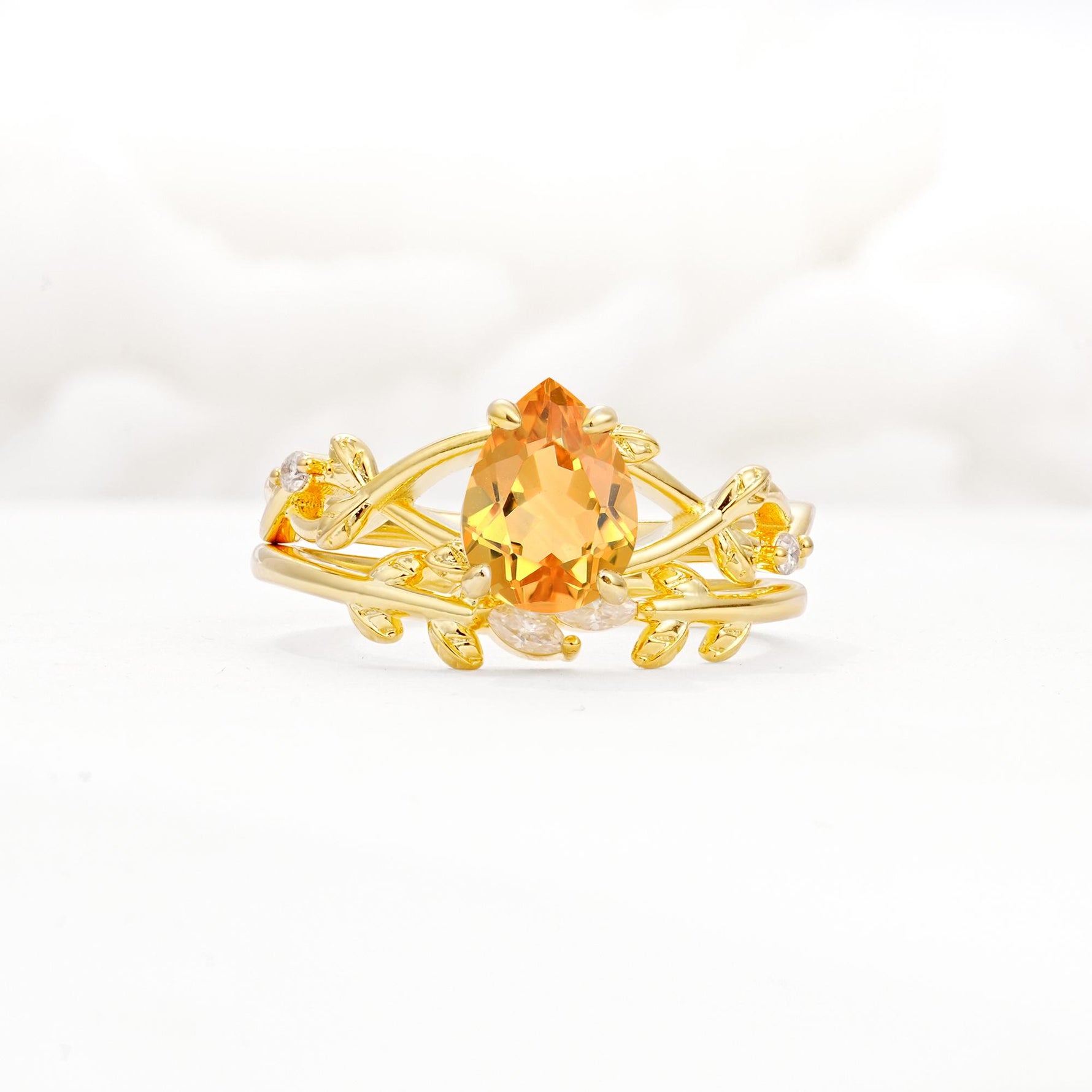Botanical Twisted Vine Pear Cut Citrine Bridal Ring Set - Yellow-Gold