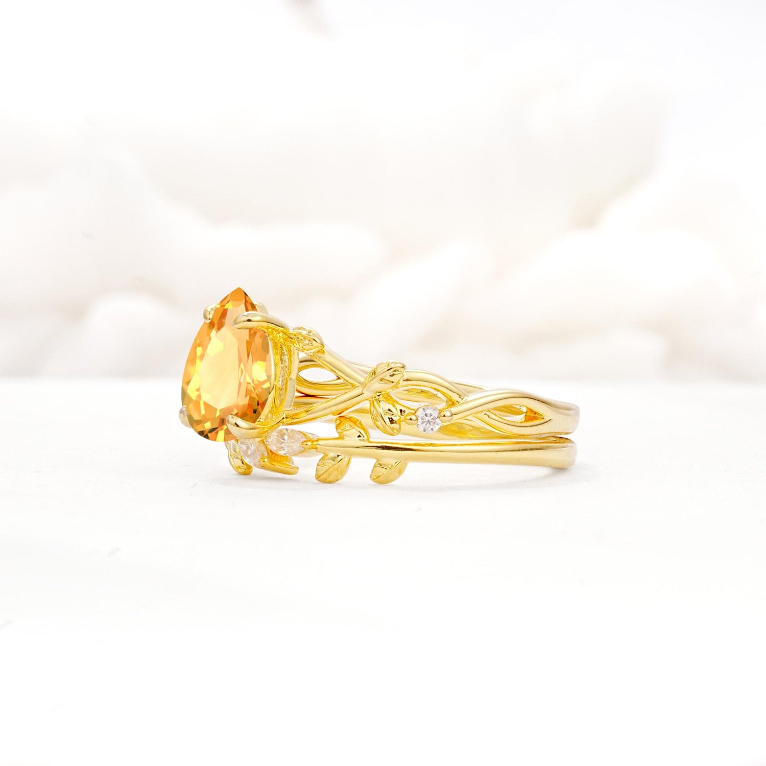 Botanical Twisted Vine Pear Cut Citrine Bridal Ring Set - Rose-Gold