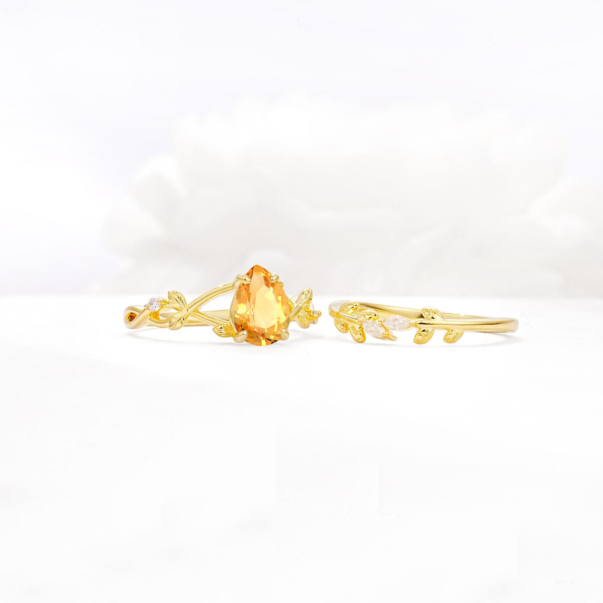 Botanical Twisted Vine Pear Cut Citrine Bridal Ring Set - White-Gold