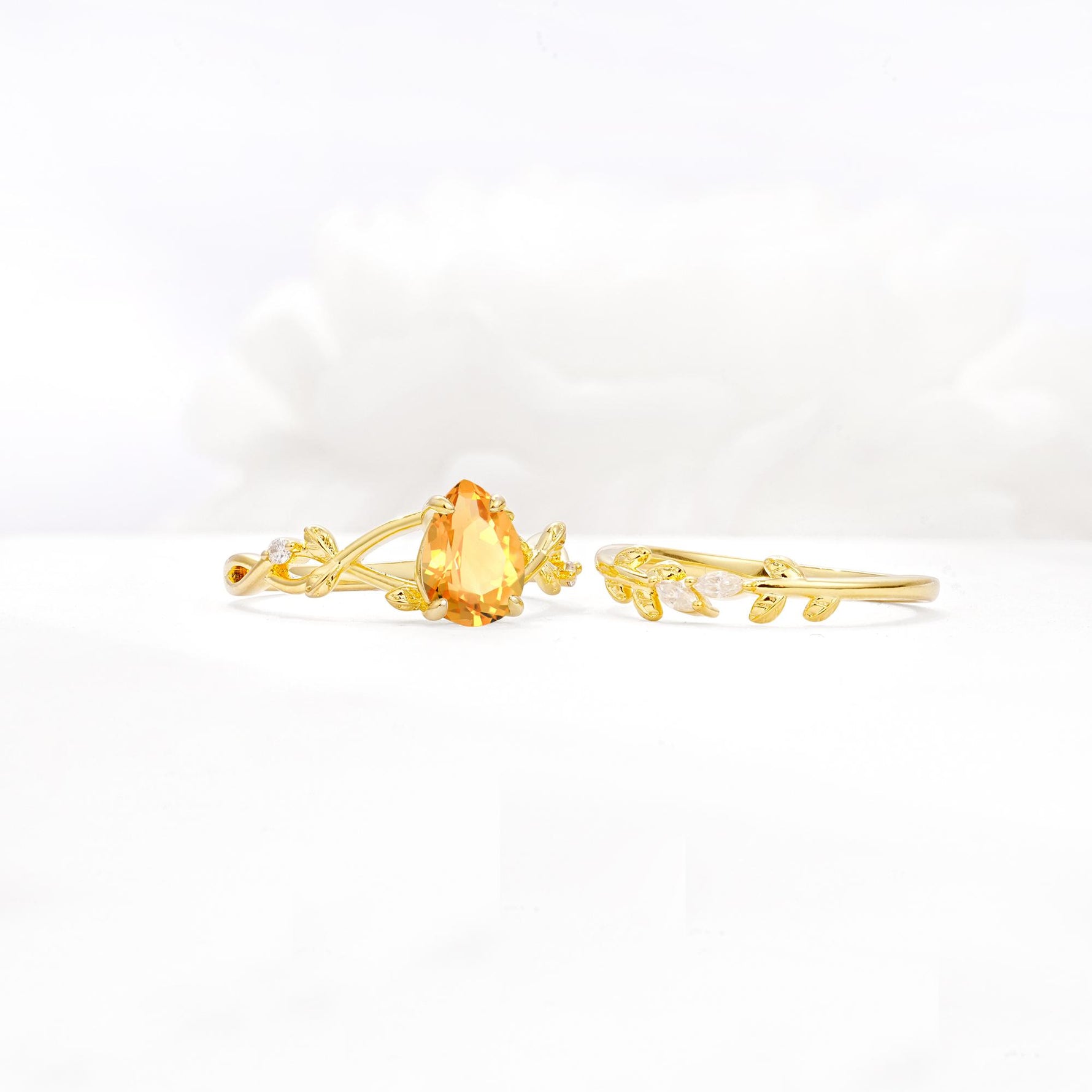 Botanical Twisted Vine Pear Cut Citrine Bridal Ring Set - White-Gold