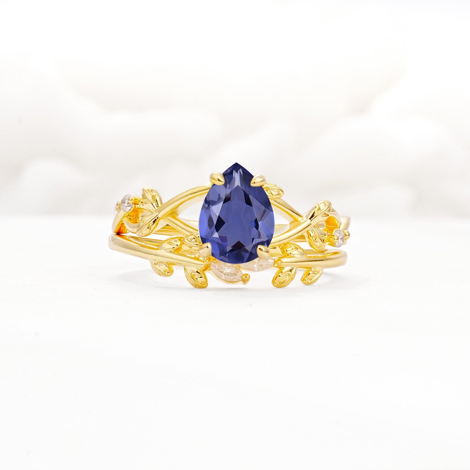 Botanical Twisted Vine Pear Cut Tanzanite Bridal Ring Set - Yellow-Gold