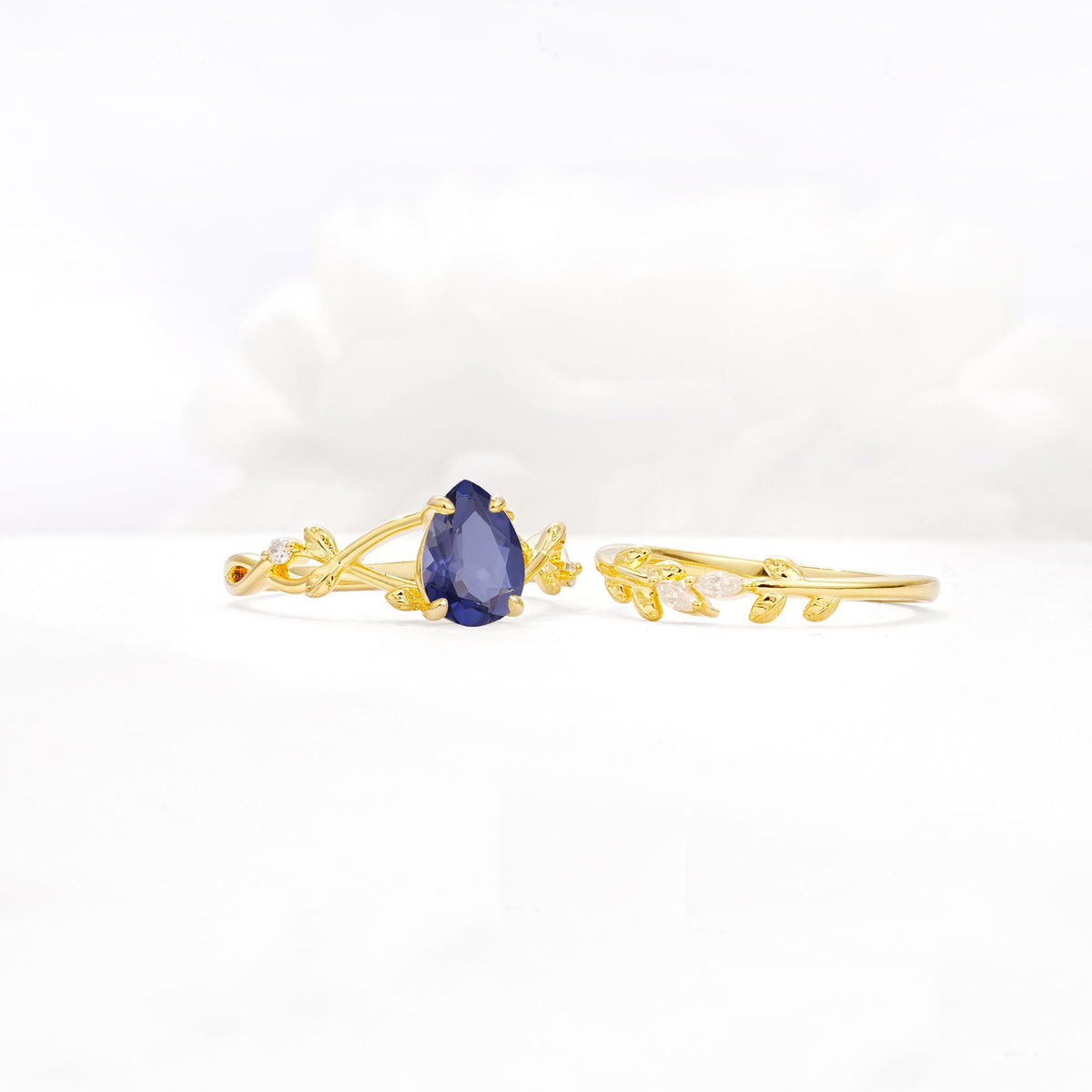 Botanical Twisted Vine Pear Cut Tanzanite Bridal Ring Set - White-Gold