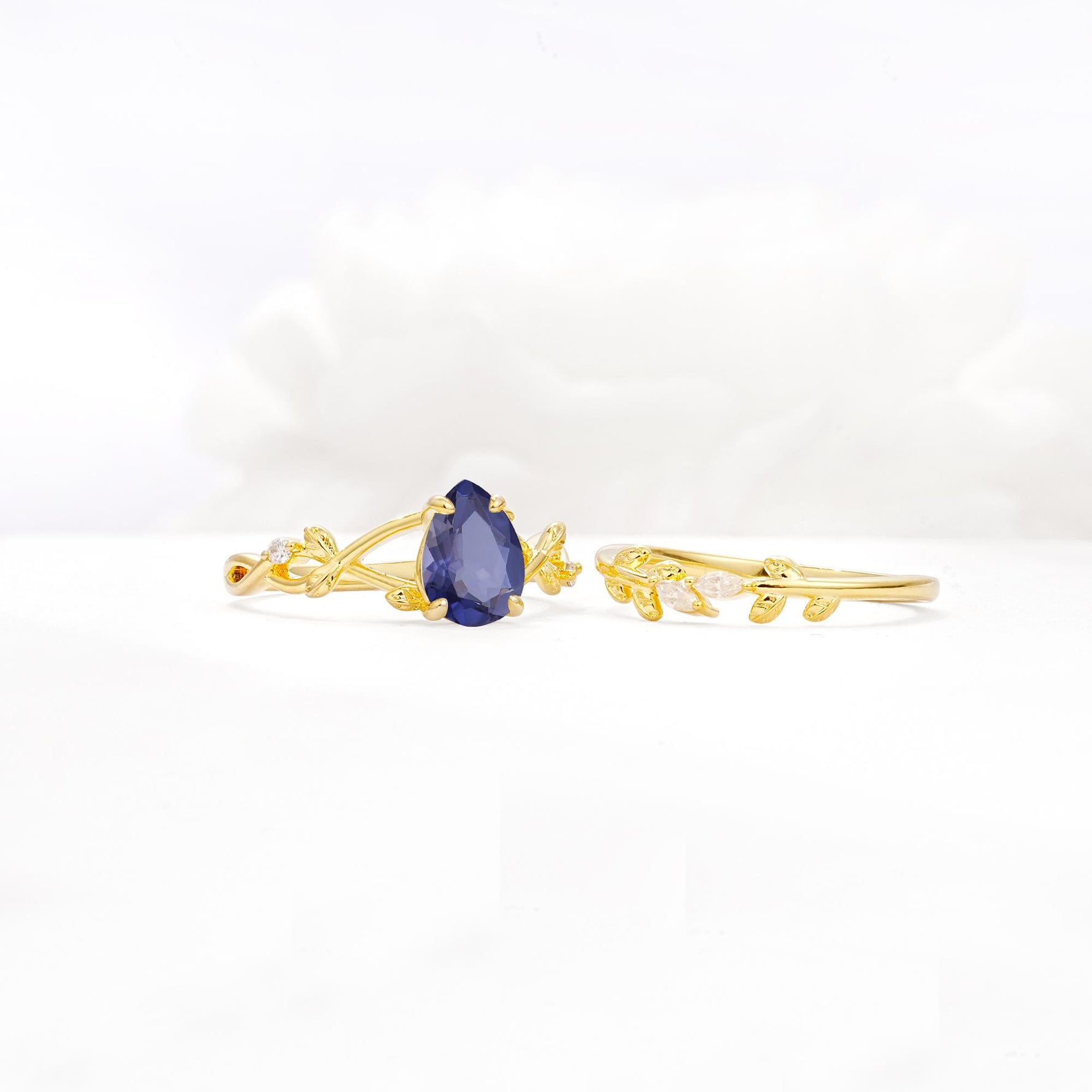 Botanical Twisted Vine Pear Cut Tanzanite Bridal Ring Set - White-Gold