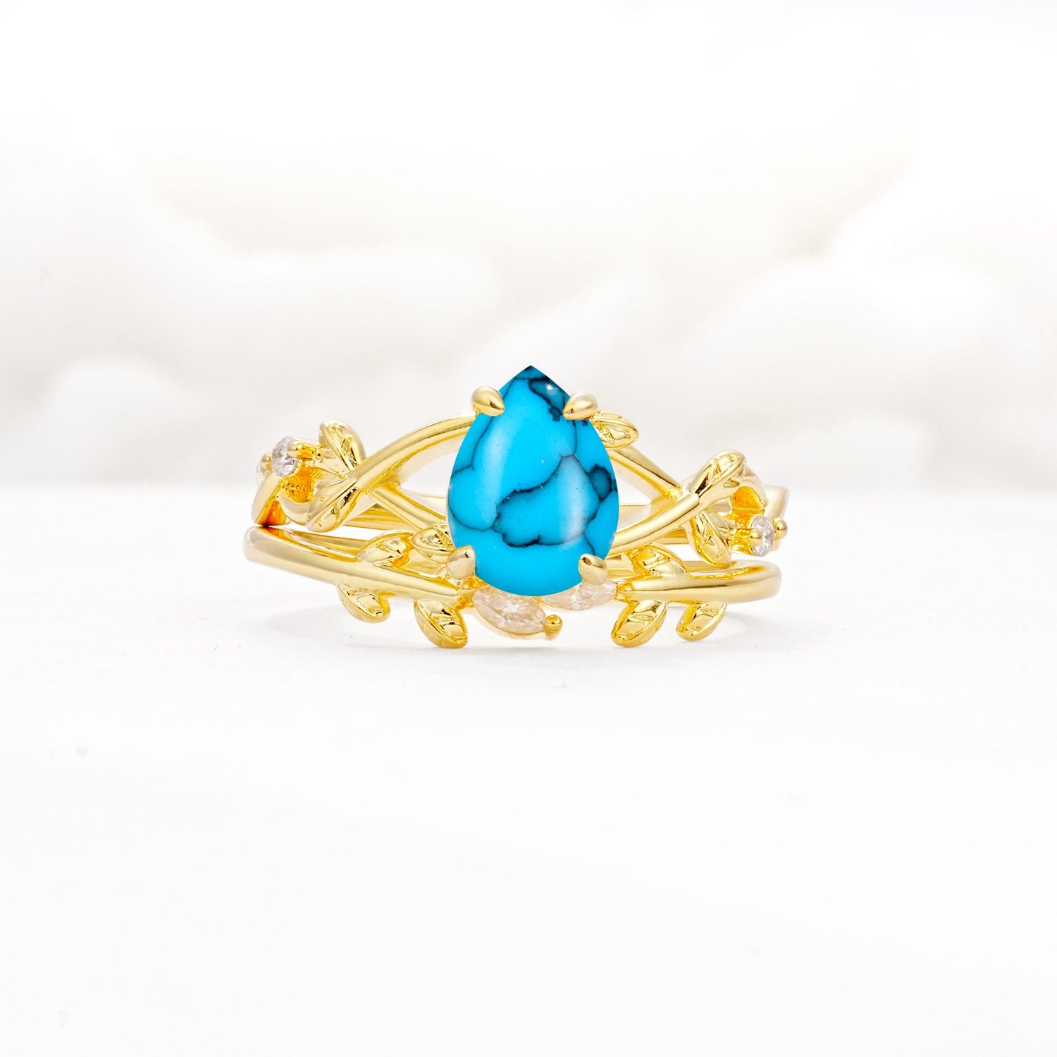 Botanical Twisted Vine Pear Cut Turquoise Bridal Ring Set - Yellow-Gold