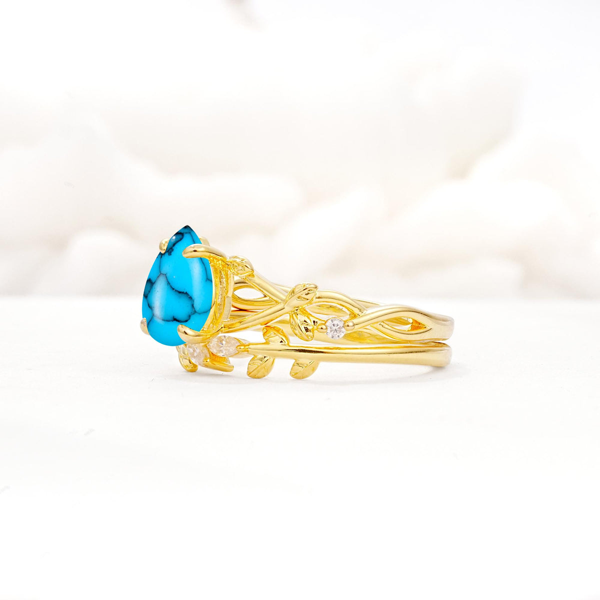 Botanical Twisted Vine Pear Cut Turquoise Bridal Ring Set - Rose-Gold