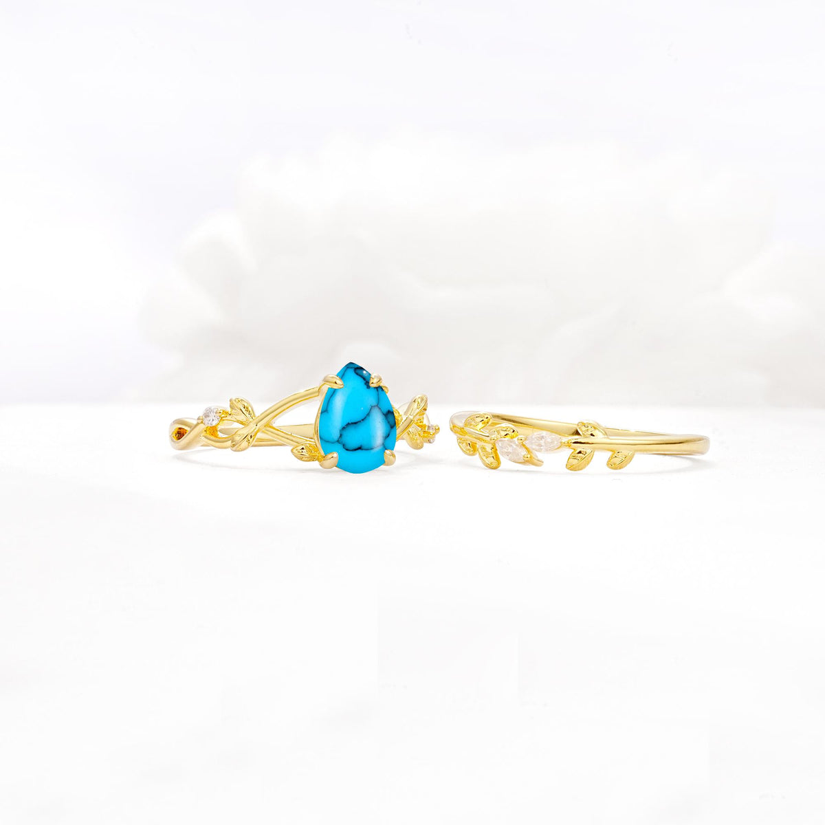 Botanical Twisted Vine Pear Cut Turquoise Bridal Ring Set - White-Gold
