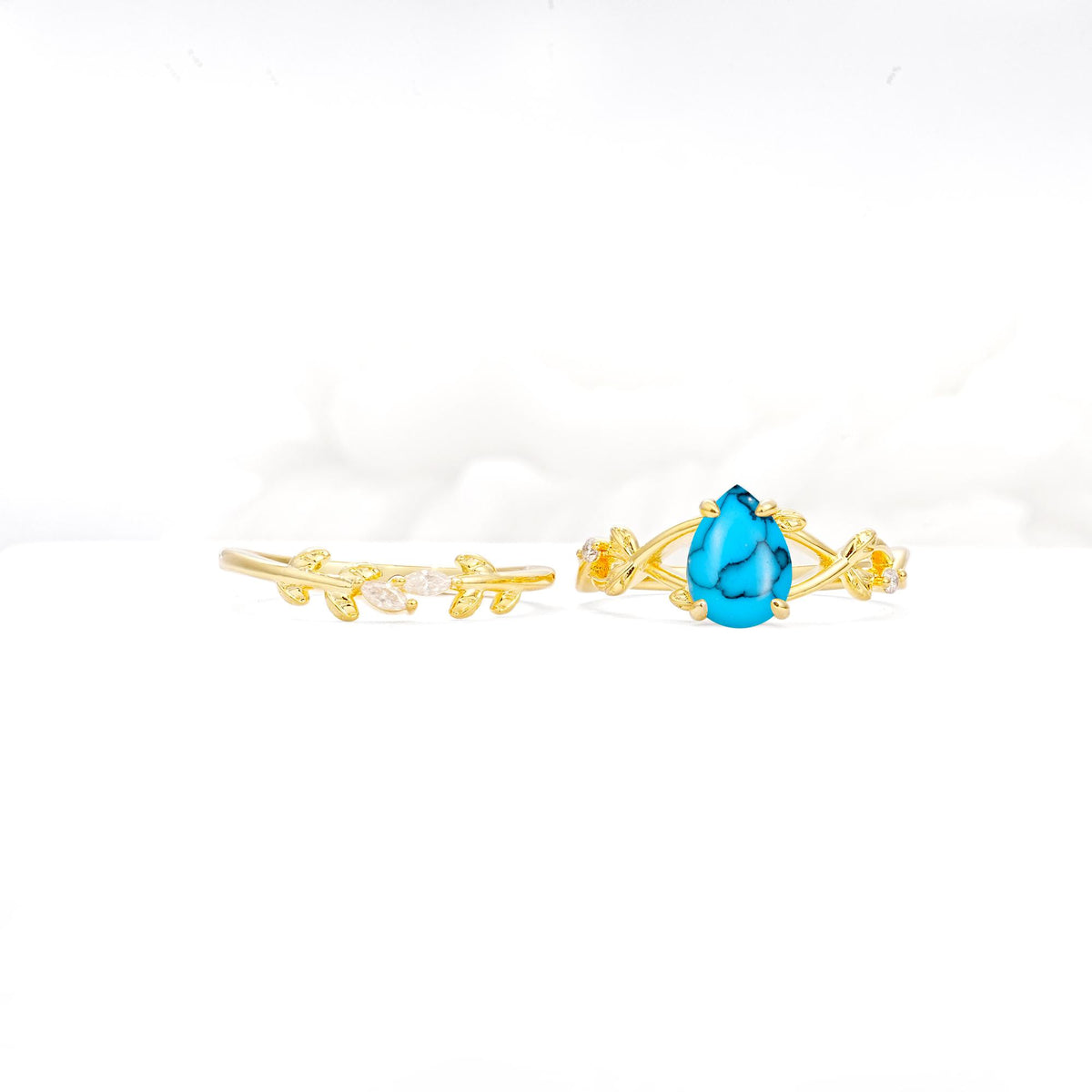 Botanical Twisted Vine Pear Cut Turquoise Bridal Ring Set - Additional view