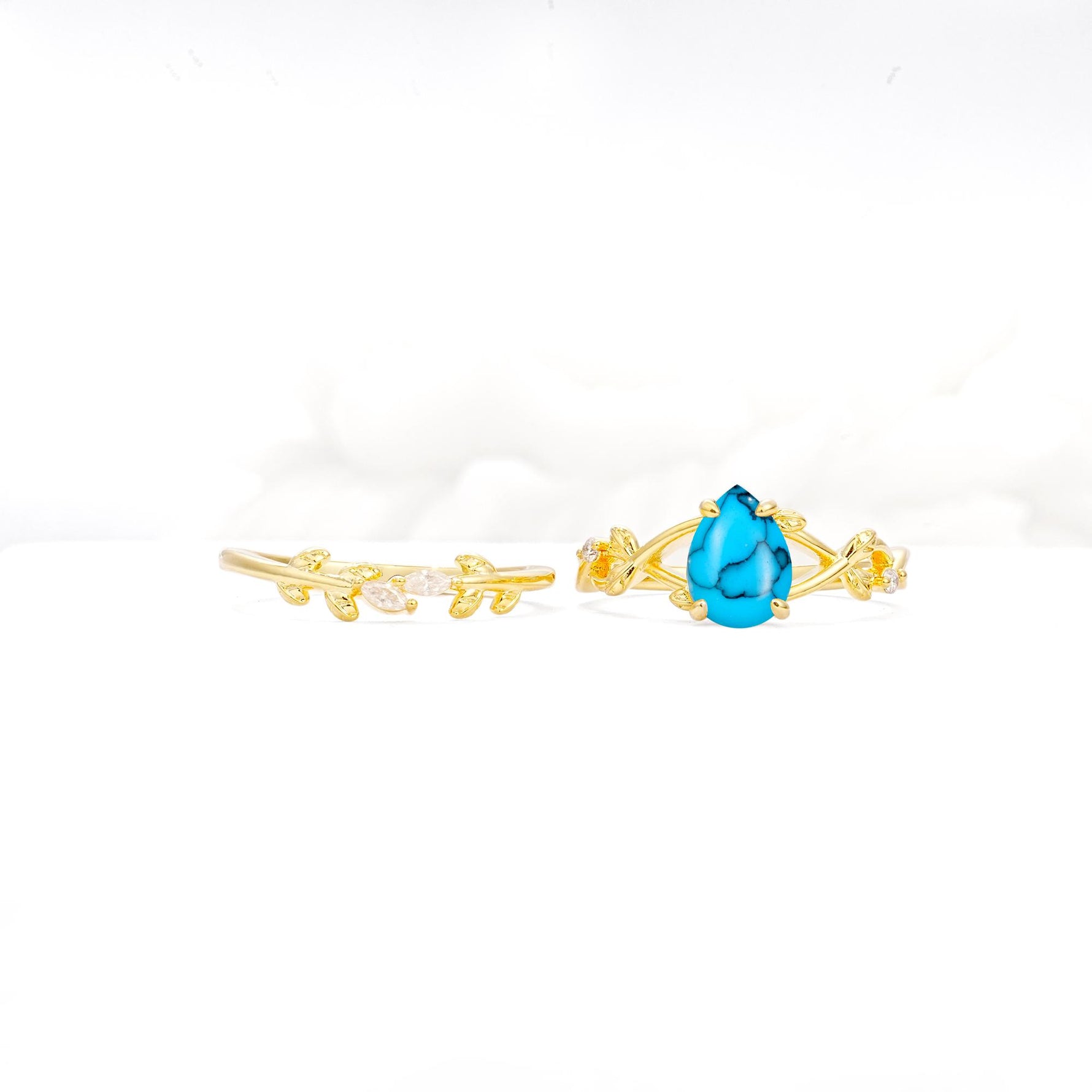 Botanical Twisted Vine Pear Cut Turquoise Bridal Ring Set - Additional view