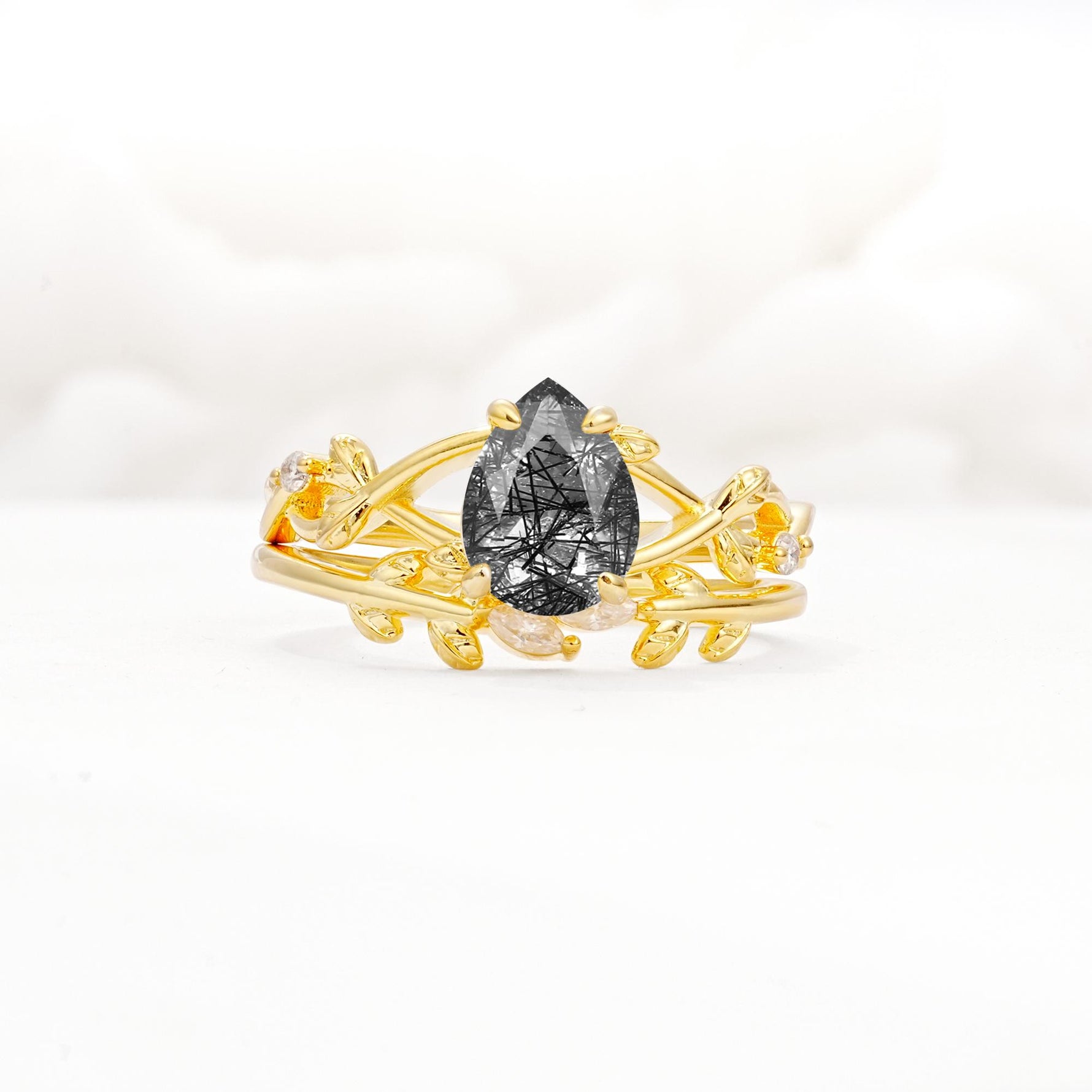 Botanical Twisted Vine Pear Cut Black Rutilated Quartz Bridal Ring Set - Yellow-Gold