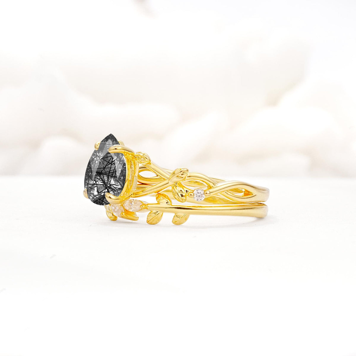 Botanical Twisted Vine Pear Cut Black Rutilated Quartz Bridal Ring Set - Rose-Gold