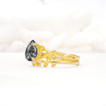 Botanical Twisted Vine Pear Cut Black Rutilated Quartz Bridal Ring Set - Rose-Gold