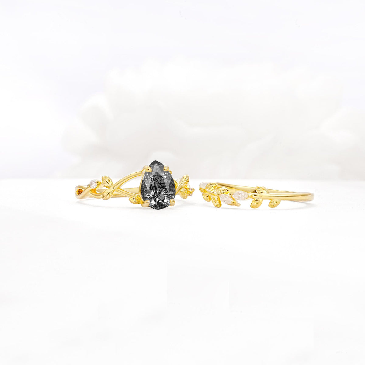 Botanical Twisted Vine Pear Cut Black Rutilated Quartz Bridal Ring Set - White-Gold