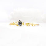 Botanical Twisted Vine Pear Cut Black Rutilated Quartz Bridal Ring Set - White-Gold