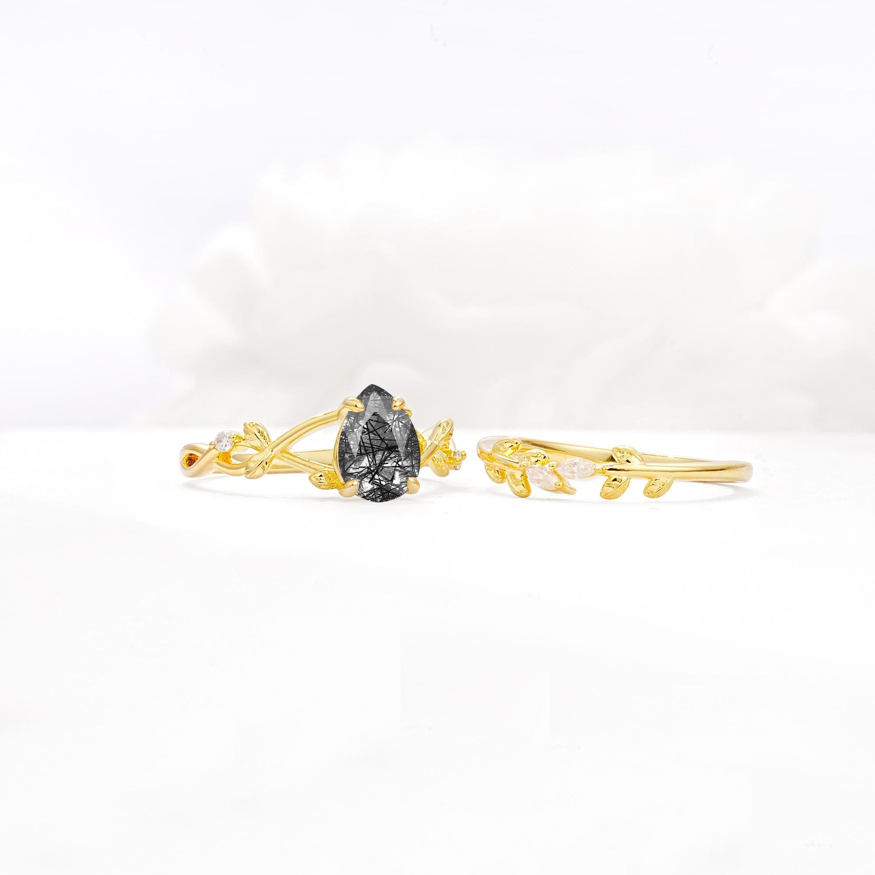 Botanical Twisted Vine Pear Cut Black Rutilated Quartz Bridal Ring Set - White-Gold