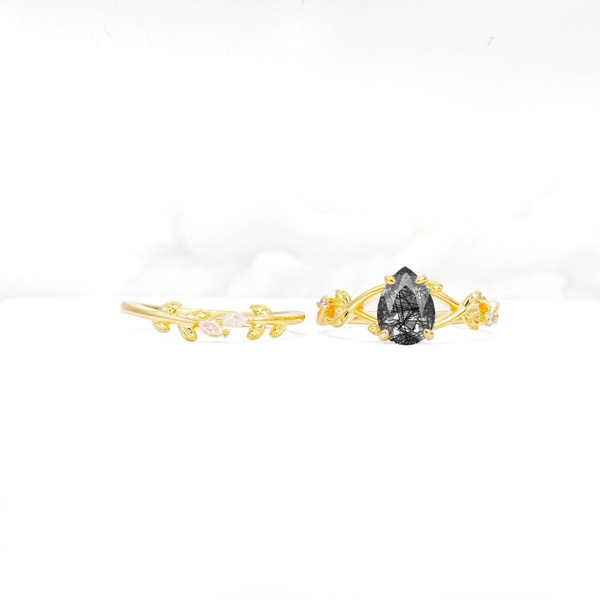 Botanical Twisted Vine Pear Cut Black Rutilated Quartz Bridal Ring Set - Additional view