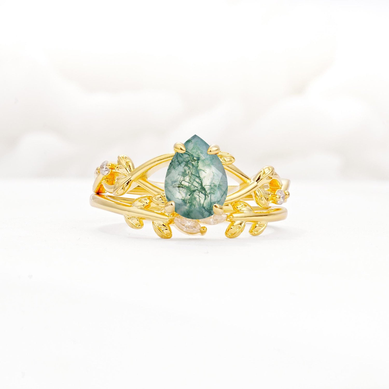 Botanical Twisted Vine Pear Cut Moss Agate Bridal Ring Set - Yellow-Gold