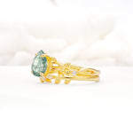 Botanical Twisted Vine Pear Cut Moss Agate Bridal Ring Set - Rose-Gold