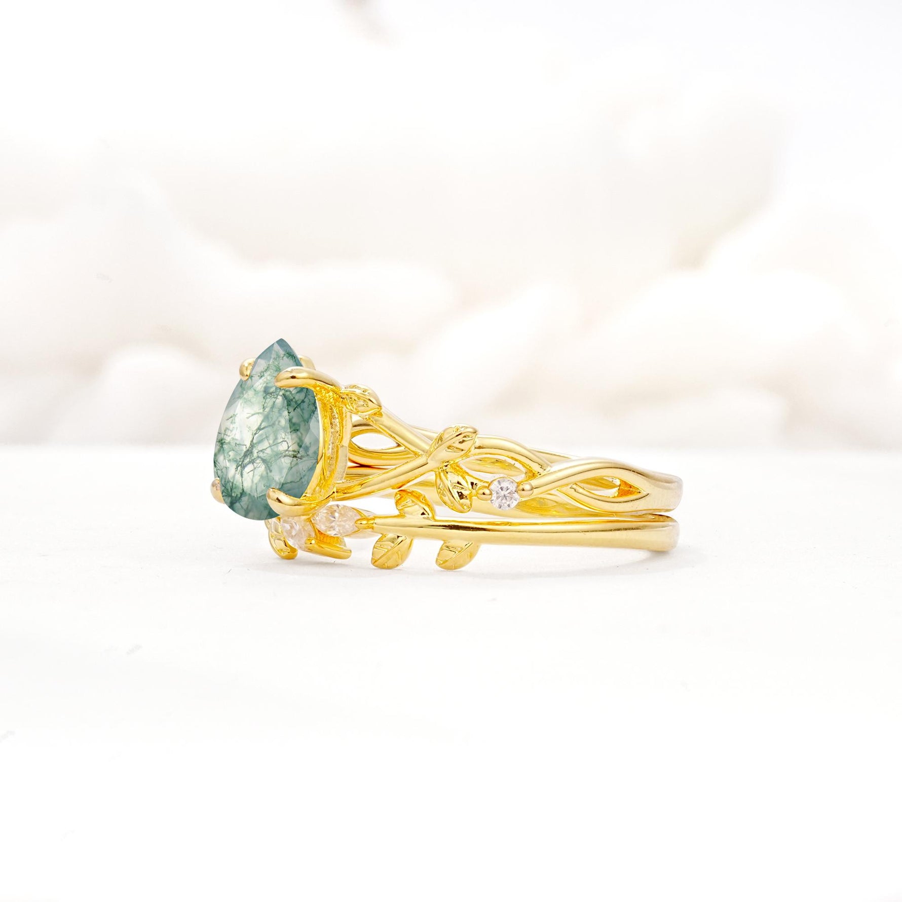 Botanical Twisted Vine Pear Cut Moss Agate Bridal Ring Set - Rose-Gold