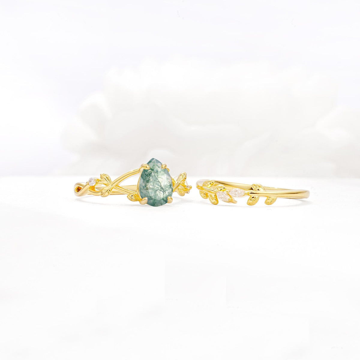 Botanical Twisted Vine Pear Cut Moss Agate Bridal Ring Set - White-Gold