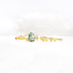 Botanical Twisted Vine Pear Cut Moss Agate Bridal Ring Set - White-Gold